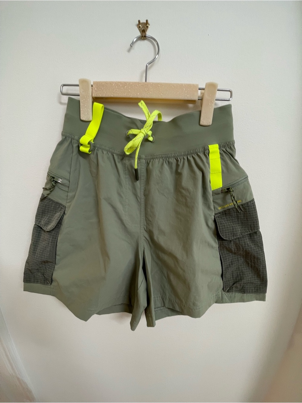 lululemon athletica Olive Green Athletic Cargo Shorts with Neon Yellow Accents